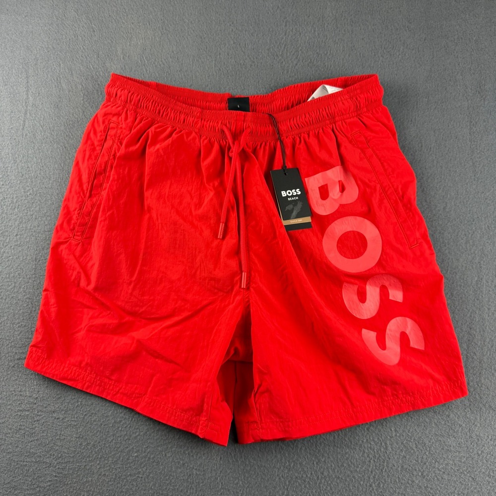 Hugo Boss Swim Trunks Men's L Red Logo Quick-Dry Beach Octopus Spellout NEW